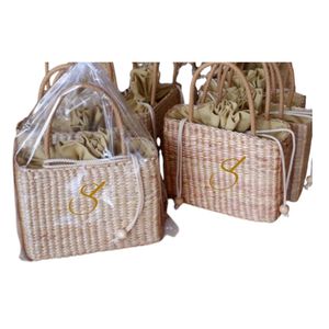 <b>Straw</b> <b>Basket</b> Handwoven Water Hyacinth personalized gift bags women: Leather Handle Beach Tote - Product Image 3