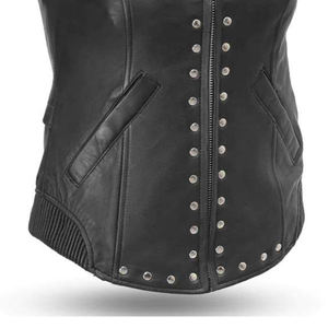 Gilet moto en cuir véritable pour homme avec clous, col en V, fermeture éclair, décoration à rivets, respirant, vêtement d'extérieur, couleur unie, automne - Product Image 4