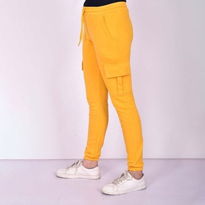 Pantalon cargo jaune pour femme, couleur unie, taille à cordon, en coton tricoté, décontracté, longueur cheville, avec poches, style automne - Product Image 3