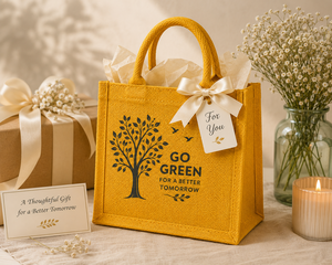 ถุงช้อปปิ้งปอกระเจาสีเหลืองรักษ์โลก ลายต้นไม้ ขนาดเล็ก สำหรับใส่ของชำ โฆษณาสินค้า - Product Image 4