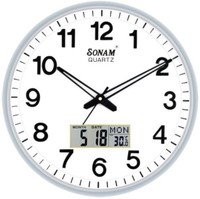 Jam Dinding Kuarsa SONAM Tampilan Analog Bulat dengan Kalender Digital Tanggal dan Hari untuk Ruang Tamu Desain Modern Bodi Plastik