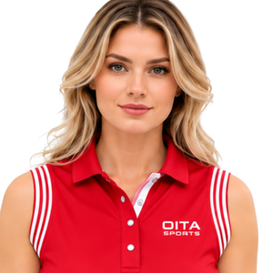 Polo d'équitation sans manches rouge pour femme, coupe ajustée, col à patch, haut d'entraînement équestre, personnalisable, vente en gros, performance - Product Image 3