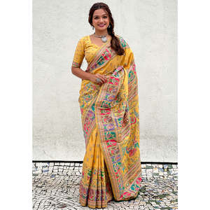 Sari en soie cachemire jaune, tissé avec des fils de zari, élégant, robe de soirée - Product Image 4