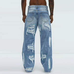 Jeans en denim déchiré pour homme, coupe slim, style vintage délavé, pantalon streetwear, jambe droite, prix d'usine en gros - Product Image 1