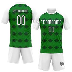 Fabricante OEM ODM, Conjunto de Camiseta y Pantalones Cortos de Fútbol con Diseño Geométrico Verde, Impresión Sublimada, Nombre del Equipo, Número del Jugador, Ropa Deportiva Unisex - Product Image 1