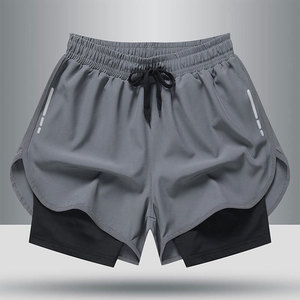 Men's Gray Sport Shorts Black Inner <b>Layer</b> Drawstring Waist Quick Dry Side Stripe Design <b>Mid</b> Rise Knitted Fabric 100% Cotton High - Product Image 6