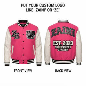 <b>Men</b> Autumn Varsity <b>Jacket</b> 450 GSM Wool Blend Body PU Leather Sleeves Pink <b>White</b> Contrast Panels Custom Chenille Embroidery - Product Image 1
