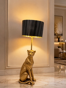 Luxury Golden <b>Leopard</b> Floor <b>Lamp</b> with Black Shade | AC Powered Neon Bulbs Animal Sculpture Standing <b>Lamp</b> Living Room Home Decor - Product Image 1