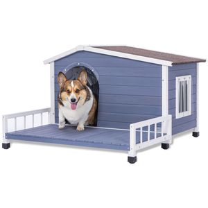 Grande casa per cani in legno aperta impermeabile in asfalto tetto esterno coperto terrazza pavimento rialzato finestre tende per piccole medie - Product Image 1