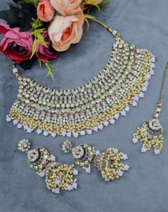 Heavy Ethnic CZ Studded Bridal Choker <b>Set</b> With Pearl Drop Accents Matching Earrings & Mangtika Antique <b>Gold</b> Plated <b>Jewellery</b> <b>Set</b> - Product Image 1