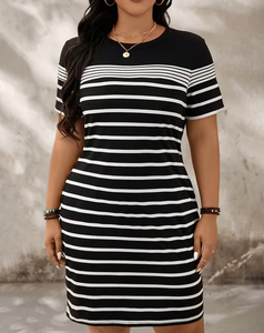 Plus Size Women's Striped Crew Neck Short Sleeve Knitted 100% Cotton Eco-Friendly Dress Casual Style Black White Pattern Regular - Product Image 1