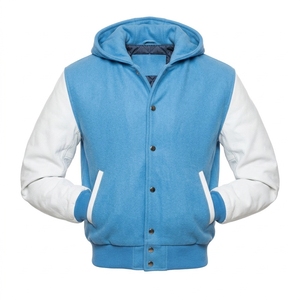 Chaqueta Varsity Azul de Lana para Hombre con Capucha, Mangas de Cuero Blanco, Diseño Color Block, Cierre de Botones, Abrigo de Invierno - Product Image 1