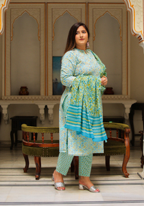Straight Kurta <b>Pant</b> Dupatta Set Cotton Floral Embroidered Sky Blue Mandarin Collar <b>Three</b> <b>Quarter</b> Sleeve Plus Size Wholesale - Product Image 2