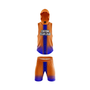 Conjunto de Fútbol 7v7 Naranja y Azul, Jersey sin Mangas con Capucha, Patrón Sublimado, Uniforme de Equipo, Pantalones Cortos con Logotipo Personalizado - Product Image 1