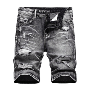 Pantalones Cortos de Mezclilla Negros para Hombre, Lavados, Desgastados, Casuales, de Verano, Cintura Media, Largura hasta la Rodilla, Cinco Bolsillos, Estilo Urbano, 100% Algodón - Product Image 1