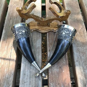 Natural Black Viking Horn Beer <b>Mugs</b> With Wooden Stand Holder Floral Pattern With Decoration Metal Molding Export Meet Standard - Product Image 5