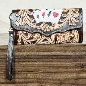 Portefeuille long vintage en cuir véritable, design de jeu de cartes, floral, avec sangle de poignet détachable, sac à main pour femme, luxe 2026 - Product Image 4