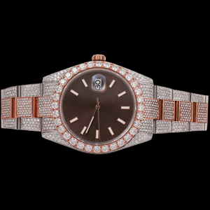 Montre de luxe bicolore en or rose et argent avec cadran brun cristal, lunette sertie de diamants Moissanite et affichage de la date - Product Image 1