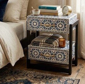 Mediterranean Style Bone Inlay Nightstand With Drawers Metal Base <b>End</b> <b>Table</b> Open <b>Storage</b> Cabinet for Luxury Home Interiors - Product Image 1