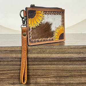 Portefeuille Western en Cuir Véritable de Vachette avec Motif Tournesol, Élégant et Luxueux, Petite Pochette Zippée pour Monnaie et Cartes Bancaires - Product Image 3