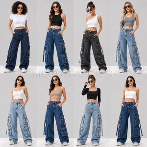 Jeans Cargo de Cintura Alta para Mujer, Ajuste Holgado, Denim Lavado a la Piedra, Largos, con Tops Cortos Ajustados, Ropa al por Mayor de Bangladesh - Product Image 1