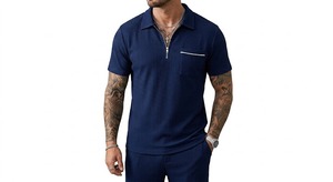 Men's Navy Blue Polo Shirt <b>Set</b> Short Sleeve Solid Color <b>Knitted</b> Breathable Casual Summer Wear Breathable Lightweight - Product Image 5