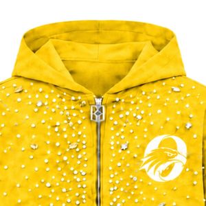 Golden Yellow Pearl <b>Zip</b> Up <b>Hoodie</b> Decorative Pearl Studded Casual Streetwear Jacket Long Sleeve Hooded Sweatshirt With <b>Pockets</b> - Product Image 3