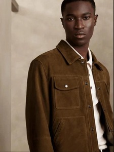 Men's Dark Brown <b>Suede</b> <b>Leather</b> Trucker <b>Jacket</b> - Product Image 2