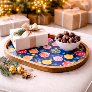 Plateau de service ovale grand format en bois de manguier émaillé, fait main, avec motif cloche, pour snacks et fruits secs, idéal pour la maison et la restauration. - Product Image 4