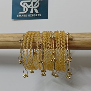 Cream Resin Glass Bangle Set 16 Piece Handmade Kashmiri Style Gold Ghungroo Bangles for Women Wedding Festival Jewelry - Product Image 2