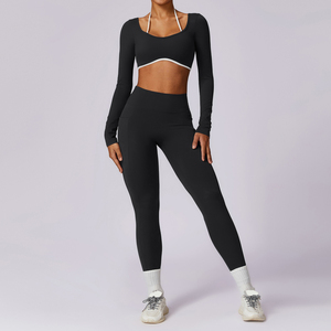 New Style High Quality Women Sports Set 2 Piece Long-sleeve and <b>Pants</b> Nylon Spandex Yoga Suit Gym Yoga Active Wears Set for Lady - Product Image 2