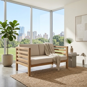 Modern Solid <b>Wood</b> Double <b>Sofa</b> Elegant Slatted <b>Frame</b> 2 Seater Loveseat Couch <b>For</b> Rustic Living Room Setup Art Design Pure Art Set - Product Image 3