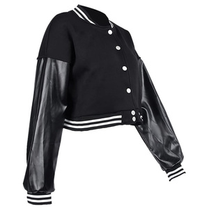 Good Supplier Newest OEM ODM Women's Varsity <b>Jacket</b> Solid Color Block Contrast <b>Sleeve</b> O-Neck Full <b>Sleeve</b> <b>Short</b> Length Crop Style - Product Image 6