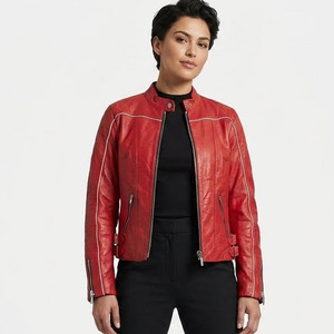 Chaqueta de moto de cuero genuino rojo para hombre, cuello alto, cierre de cremallera, corte regular, color sólido, estilo motero, para otoño - Product Image 5