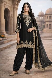 ชุดสัลวาร์ คามีซ คุรตา/คุรตี สำหรับผู้หญิง ผ้าจอร์เจตต์เทียมปักลายสีดำสุดหรู ความยาวระดับเข่า ทรงปกติ - Product Image 5