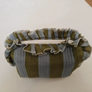 Stripe Green Eco-Friendly Modern Quilted Frill Cotton Handmade Cosmetic Pouch Ruffle for Makeup Lipstick Lotion Organizer - Product Image 1