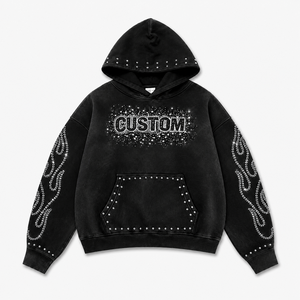 Sudadera con Capucha Personalizada con Logotipo de Pedrería, Estilo Urbano, Vintage, Lavado Ácido, Oversize, con Tachuelas, de Forro Polar Pesado de Algodón para Hombre - Product Image 2