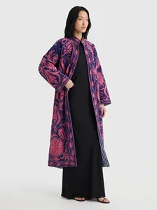 <b>Women</b> Boho <b>Velvet</b> Cotton Suzani Long <b>Jacket</b> Embroidered With Pink Floral Design Bohemian Full Sleeve Winter Outerwear - Product Image 2