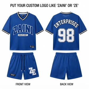 ชุดเสื้อกล้ามและกางเกงขาสั้นผ้าตาข่ายพรีเมียมสำหรับผู้ชาย 120 GSM ระบายอากาศได้ดี สีเขียวอมฟ้า ชุดกีฬา ปักโลโก้ด้วยความร้อน ขอบลายทาง - Product Image 1