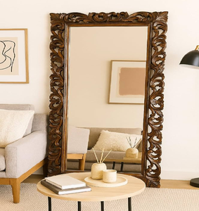 Modern <b>arched</b> <b>full</b> <b>length</b> floor <b>mirror</b> featuring a natural wood frame with woven cane accents, available at wholesale prices. - Product Image 6