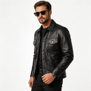 Veste en cuir véritable noire pour homme, col rabattu, coupe classique, simple boutonnage, style moto, couleur unie, pour l'automne - Product Image 3