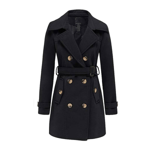 <b>Women's</b> <b>Black</b> <b>Wool</b> Trench <b>Coat</b> Double Breasted With Belt Midi Length Elegant Windproof Outerwear Full Sleeve Notched Collar - Product Image 1