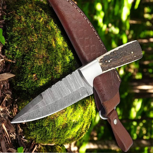 Cuchillo de desollar de Damasco con mango de madera, cuchillo de desollar de Damasco con funda de cuero, cuchillo de desollar de Damasco de espiga completa - Product Image 2