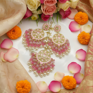 Gold Plated Kundan Stone and <b>Beads</b> Meenakari Dangler Earrings with Maangtikka Fine Jewelry <b>Sets</b> - Product Image 3