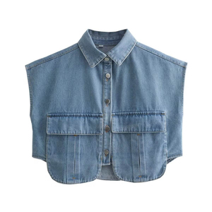 Chaleco vaquero al por mayor para mujer con bolsillos en el pecho para marcas de moda independientes con opciones de etiquetas personalizadas - Product Image 4