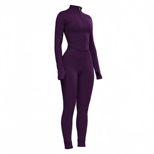 Combinaison de yoga pour femme à manches longues, col montant zippé, taille haute, effet ventre plat, couleur unie violet, longueur intégrale - Product Image 5