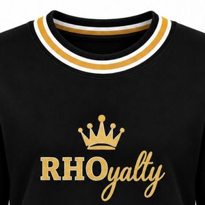 Pull en tricot noir RHO Royalty pour femme, col rond, broderie couronne dorée, col et poignets rayés, personnalisé pour sororité grecque - Product Image 2