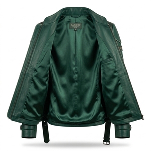 Darkry <b>Women</b> Belted Forest Emerald Green Genuine Leather <b>Jacket</b> Stand Collar Concealed Zip Tactical Moto Biker Outerwear Coat - Product Image 5