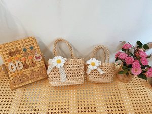 Embroidered Water Hyacinth Beach Handbag & Hat Colorful Floral Embroidery Rattan Tote <b>Bag</b> and Hat Set for Summer Beach Lady. - Product Image 3