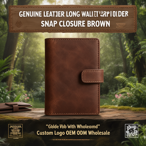 Genuine Leather Long <b>Wallet</b> Card Holder with Snap Closure <b>Brown</b> Custom Logo OEM ODM Wholesale - Product Image 3